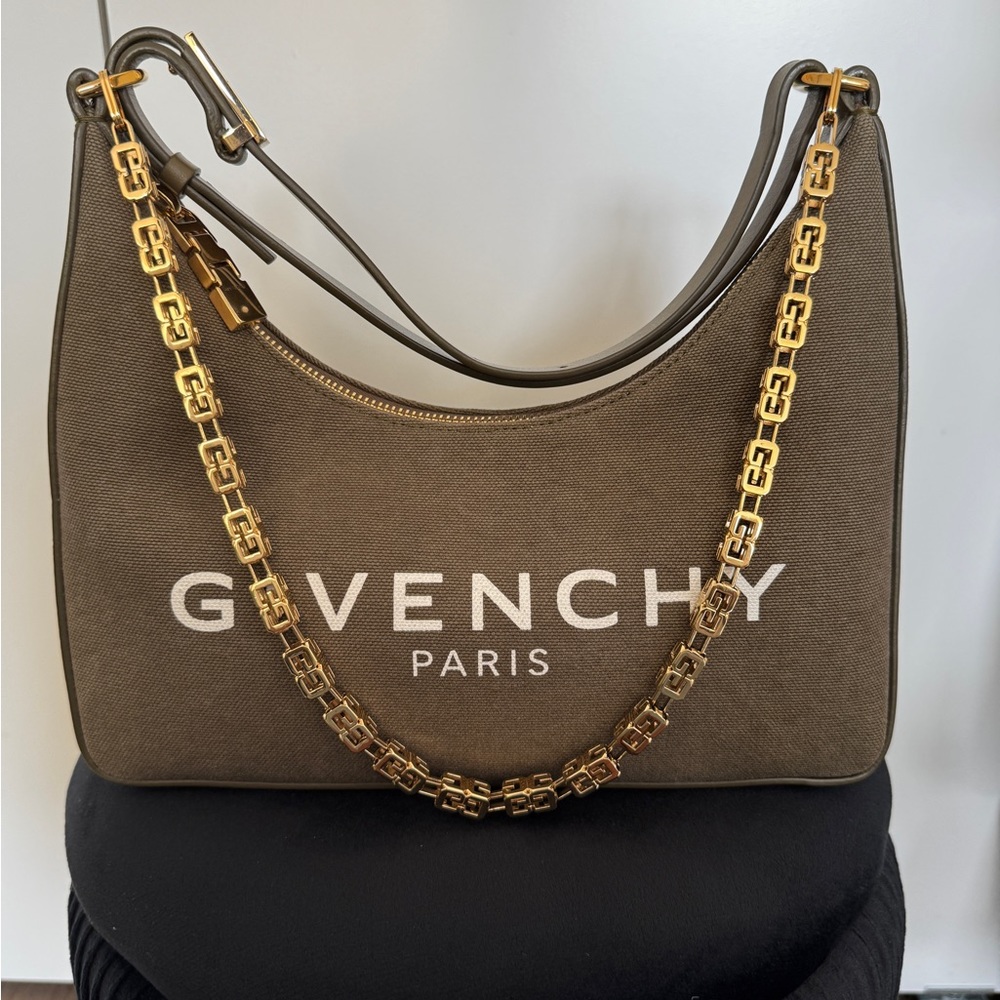 Givenchy Green and Gold Canvas Logo Shoulder Bag with Chain Detail